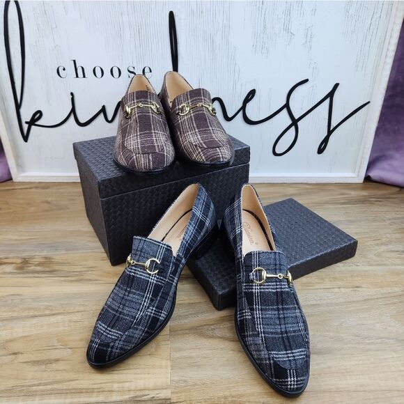 🩵NWOB Dunion Brown Plaid Chain Decorated Dressy Loafers Size 8 - Picture 2 of 15